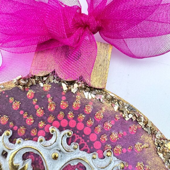 Handcrafted Ornament OOAK Collage Gold White Pink Purple Accents 3" Ribbon - Picture 4 of 11